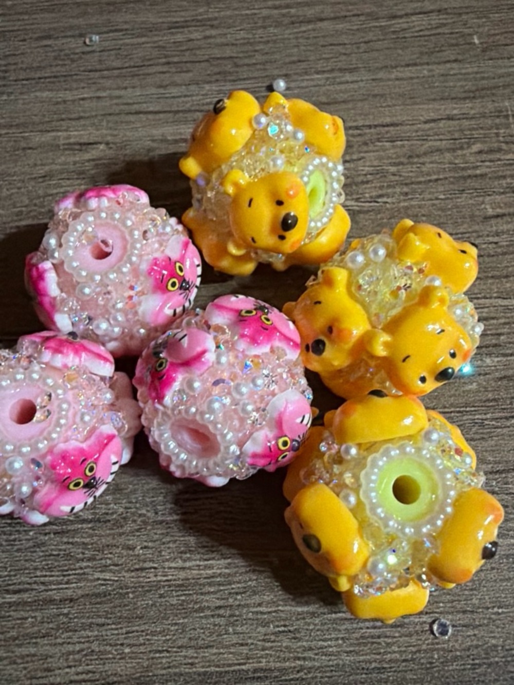 Lot of 6 pink Cheshire Cat and Pooh Fancy beads.